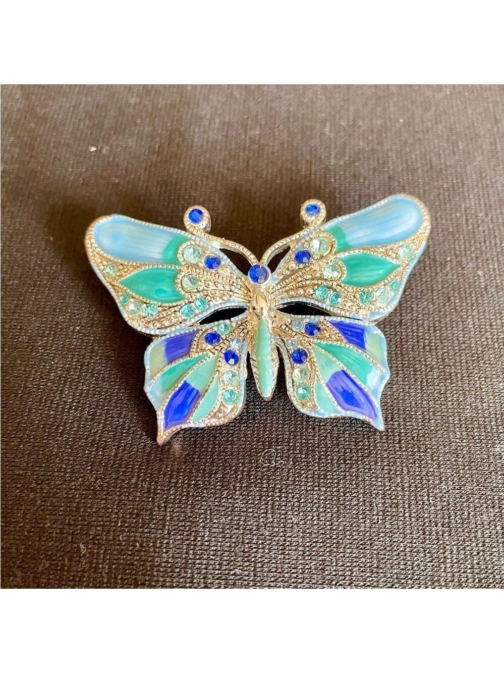 Vintage Brooch Butterfly Blue 
& Green Moonstones w/ Rhinestones and Silver